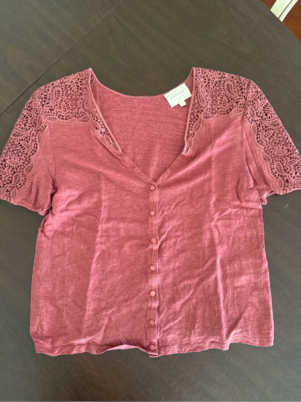 Sezane Lana Rose-Mauve Lace Shoulder Button-Down Top